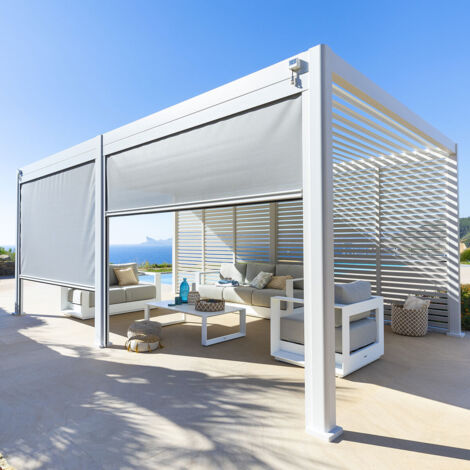 Store pour pergola bioclimatique Evora grand modèle 2,7 x 2,3 m en texaline Gris clair & blanc - Hespéride