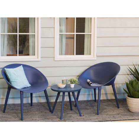 Salon de jardin en plastique bleu 2 places – 1 table basse Ø50cm – Résistant aux UV et au gel – Collection Marbella – Jardideco (1/4)