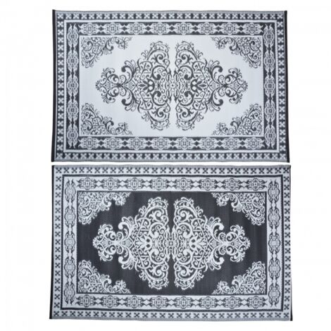 Esschert Design – Tapis d'extérieur rectangulaire réversible motif Perse noir/blanc – 186 x 119 cm – Imperméable et facile à nettoyer – Pour salon de jardin