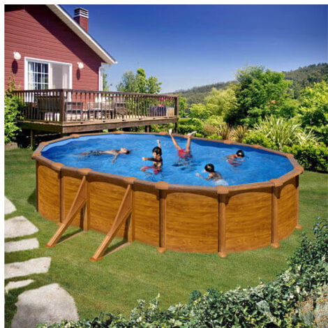 GRE – Piscine hors sol acier aspect bois ovale 6,34 x 3,99 x 1,22 m – Filtration à sable 3 m³/h – Volume 20,9 m³ – Échelle de sécurité (1/5)