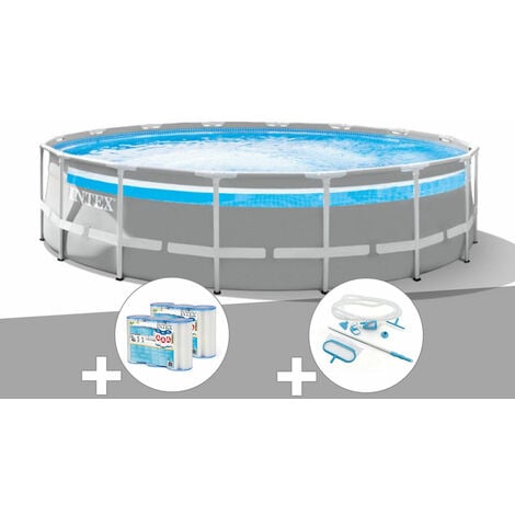 Kit piscine tubulaire Intex Prism Frame Clear Window ronde 4,88 x 1,22 m + Kit d'entretien + 6 cartouches de filtration - Gris