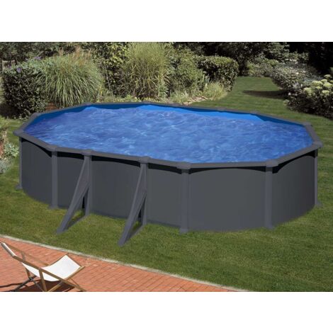 GRE – Piscine hors sol acier gris anthracite ovale 5,27 x 3,27 x 1,32 m – Filtration à sable 6 m³/h – Volume 13,86 m³ – Échelle de sécurité