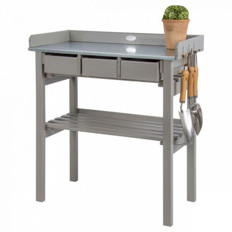 Esschert Design – Table de rempotage surélevée en pin avec plateau en zinc – Dimensions 78x38x82,5 cm – 3 tiroirs pour rangement outils – Traitement autoclave