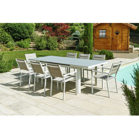M&S – Table extensible rectangulaire en aluminium gris perle 180/240 x 100 x 76 cm – 8/10 places – Plateau verre texturé fumé