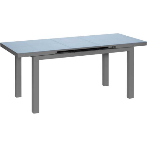 M&S – Table extensible rectangulaire en aluminium gris anthracite – Rallonge automatique 60 cm – 8/10 places – Plateau verre texturé fumé