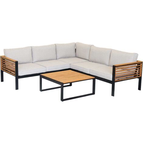 Salon de jardin détente en aluminium noir mat et aspect teck Martinique avec table basse - Jardiline (1/5)