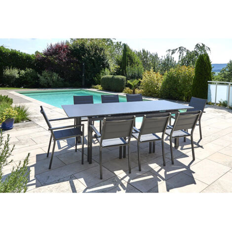 M&S – Table extensible rectangulaire en aluminium gris anthracite – 6/8 places – Rallonge automatique 40 cm – Plateau verre texturé
