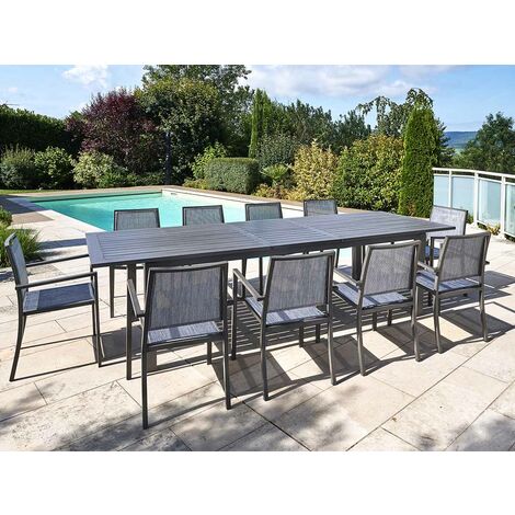 Table de jardin rectangulaire extensible en aluminium Santorin teck gris 8/10 places - Jardiline + 10 fauteuils (1/5)
