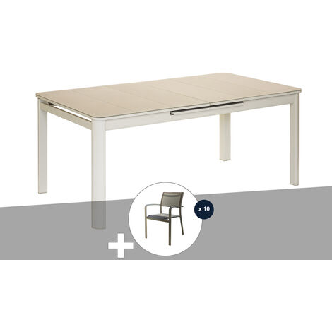 Ensemble Table de jardin extensible, rectangulaire en aluminium Milos Ivoire avec 10 chaises - Jardiline (1/5)