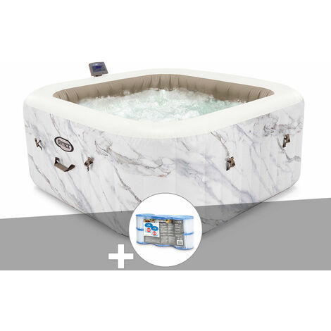 Intex – Spa gonflable carré 4 places – 795 litres – Diffuseurs à bulles 140 – Jets massants Dual Zone – Couvercle isolant et tapis thermique inclus