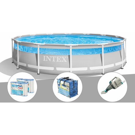 Kit piscine tubulaire Intex Prism Frame Clearview ronde 4,27 x 1,07 m + 6 cartouches de filtration + Bâche à bulles + Aspirateur (1/2)