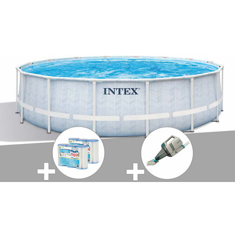 Kit piscine tubulaire Intex Chevron ronde 4,88 x 1,22 m + 6 cartouches de filtration + Aspirateur (1/3)