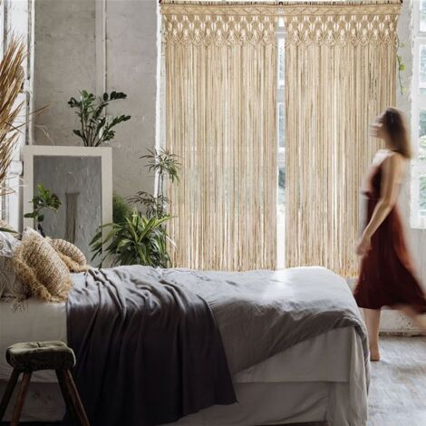 Rideau de porte en corde tressée macramé écru 90 x 200 cm – Filtrage de lumière – Installation facile pour séparation d'espaces – Morel
