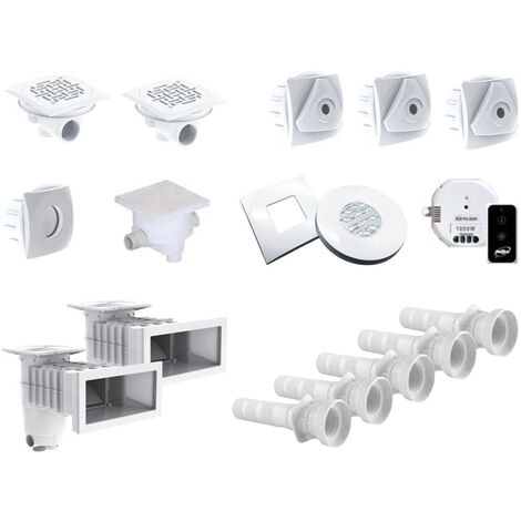 Kit complet de pièces à sceller pour piscine 8 x 4 m – PVC blanc – 2 skimmers, 2 bondes, 3 buses, 1 projecteur LED 36W – Aquazendo