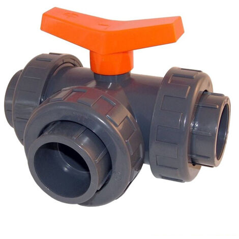Vanne 3 voies PVC pression en T Ø 63 mm – Résistante jusqu'à 16 bars – Raccord femelle à coller – Manipulation facile avec poignée orange – Aquazendo