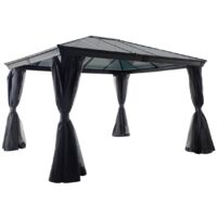 Hesperide – Pergola Belize 3,6x3m en aluminium graphite – Toit polycarbonate 6mm – 4 rideaux et moustiquaires inclus – Hauteur d'entrée 196cm