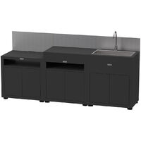 Le Marquier – Cuisine d'été 3 éléments en acier époxy noir – Module cuisson avec plancha – Module évier avec mitigeur – Dimensions 240 x 56 x 128 cm