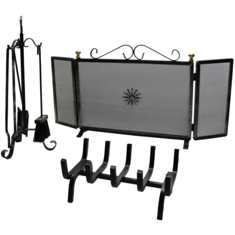 Fonderia Bongiovanni – Serviteur de cheminée 3 éléments – Outils en fer forgé – Pare-étincelles 82x40cm – Poêle à bois 31x20x15cm – Perche 56cm