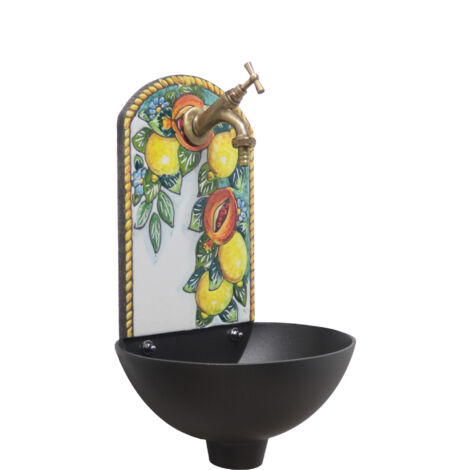 Fontaine murale Petra « A » en fonte couleur pour la maison et le jardin pierre de lave avec robinet en laiton de votre choix : bruni