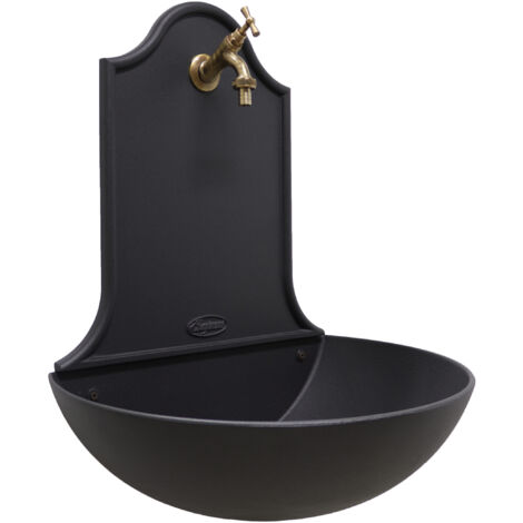 Fonderia Bongiovanni – Fontaine murale en fonte anthracite – Robinet en laiton bruni – Hauteur 64,5 cm – Largeur 30 cm – Projection murale 36 cm