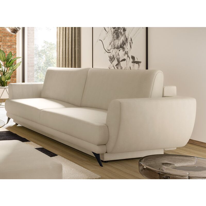 Design style - Ensemble canapé convertible simili cuirl blanc Zora - 1  canapé 3 places + 1 fauteuil + 1 pouf