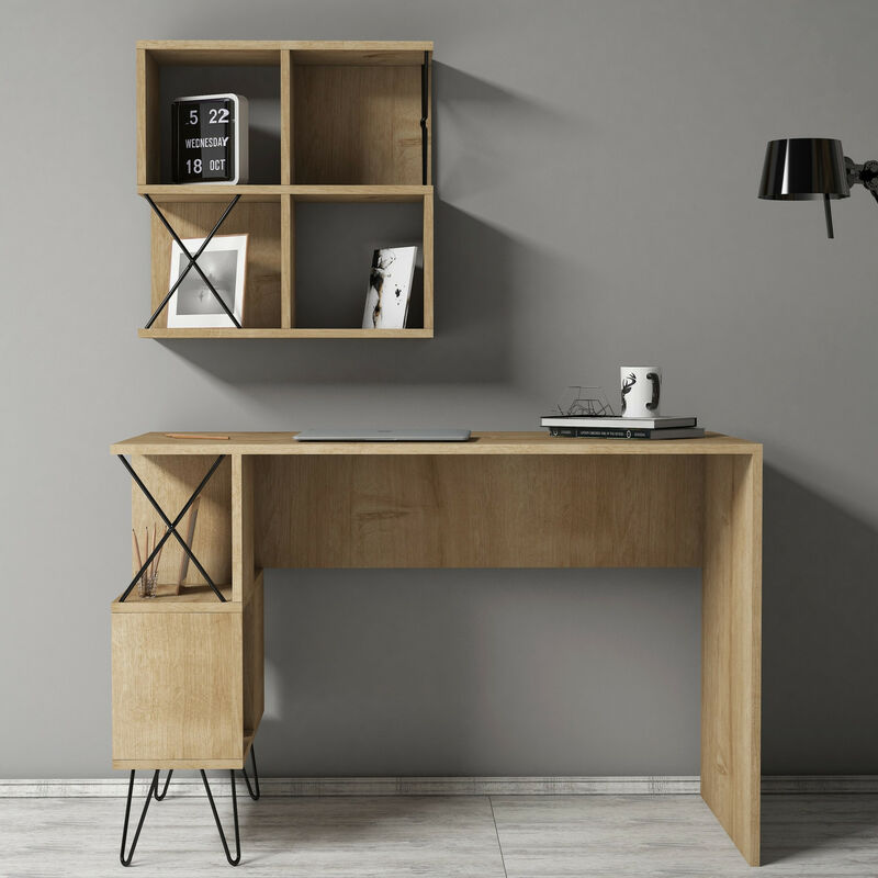 Ensemble bureau et étagère murale Rupel Bois Blanc et Chêne clair