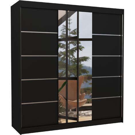Les Tendances – Armoire chambre adulte 200 cm – 2 portes coulissantes avec miroir – Aménagement intérieur spacieux – Finitions en bois noir