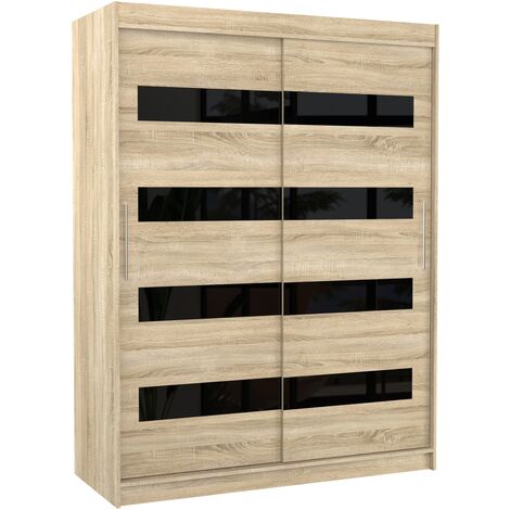 Armoire de chambre à coucher naturel 2 portes coulissantes naturel mat et noir laqué Zanko 150cm (1/5)