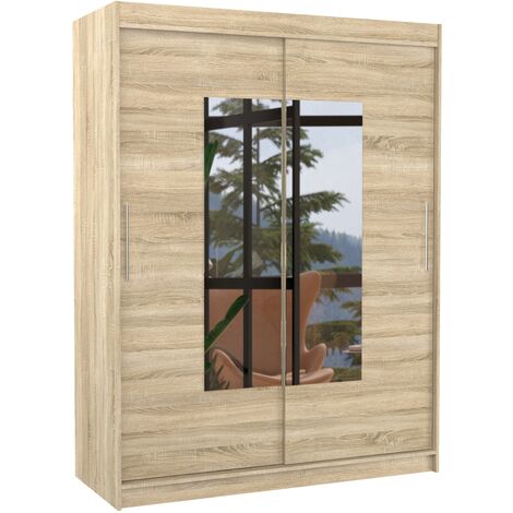 Armoire de chambre 2 portes coulissantes naturel et miroir Dova 150cm (1/5)