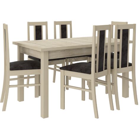 Ensemble table extensible 140-180cm et 6 chaises en bois clair sonoma et tissu noir Louiza (1/5)