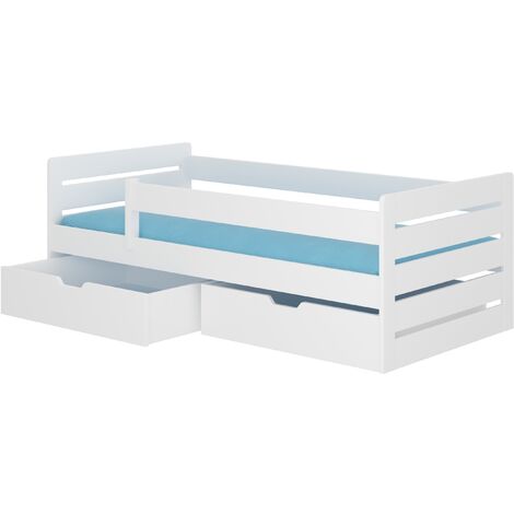 Lit enfant bois pin blanc 90x200 avec 2 tiroirs de rangement Kiko (1/4)