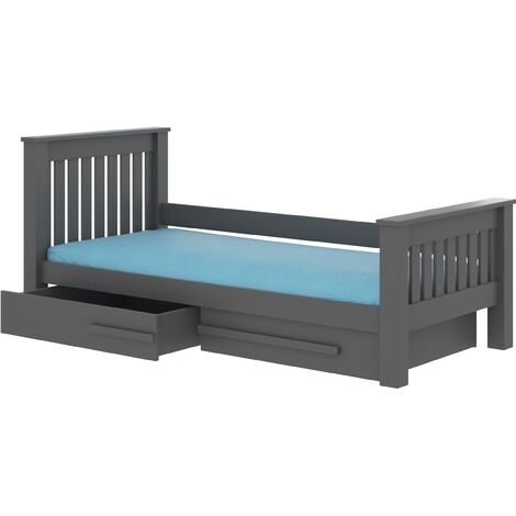 Lit enfant bois pin gris graphite 90x200 avec 2 tiroirs de rangement Rallye (1/4)