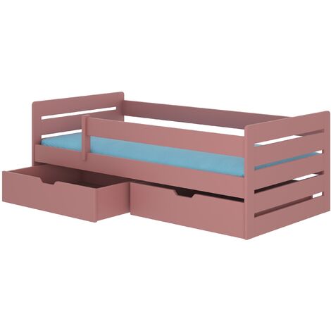 Lit enfant bois pin rose 90x200 avec 2 tiroirs de rangement Kiko (1/4)
