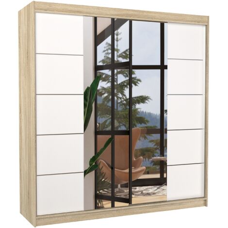 Les Tendances – Armoire chambre adulte 200 cm 2 portes coulissantes avec miroir – Penderie + étagères réglables – Design moderne en naturel/blanc