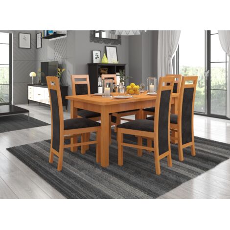 Ensemble table extensible 140-180cm et 6 chaises en bois clair de hêtre et tissu noir Mouka (1/4)