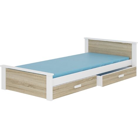Lit enfant bois pin blanc et bois sonoma 90x200 avec 2 tiroirs de rangement Lydia (1/4)