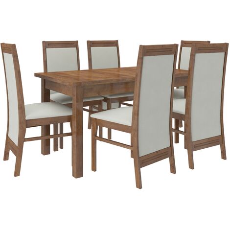 Ensemble table extensible 140-180cm et 6 chaises en bois marron et tissu beige clair Komba (1/5)