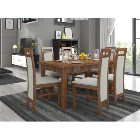 Ensemble table extensible 140-180cm et 6 chaises en bois marron et tissu gris clair Mouka (1/4)