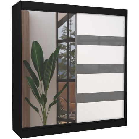 Armoire de chambre noire 1 porte blanche et grise laquée 1 porte miroir Voka - 3 tailles-Largeur 120 cm