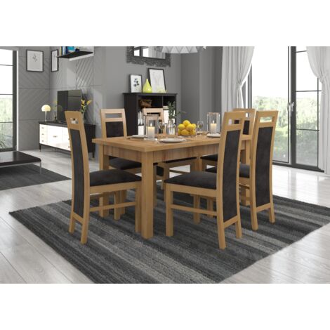 Ensemble table extensible 140-180cm et 6 chaises en bois de hêtre et tissu gris foncé Mouka (1/4)