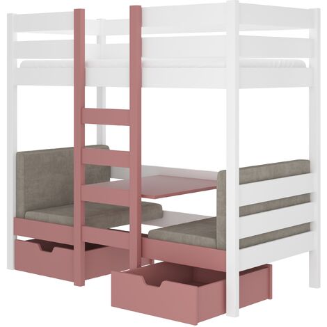Lit mezzanine et superposé 2 couchages avec 2 tiroirs de rangement blanc et rose 90x200 Sulutia (1/5)