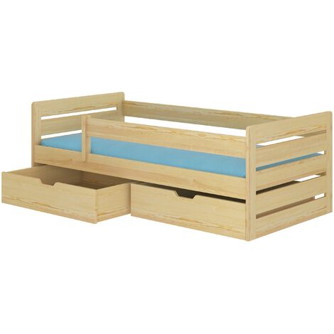 Lit enfant bois pin naturel 90x200 avec 2 tiroirs de rangement Kiko (1/4)