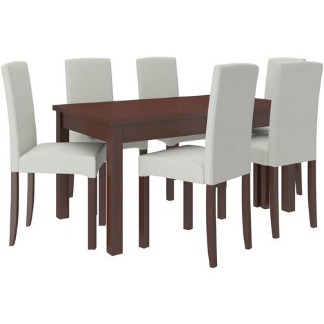 Ensemble table extensible 140-180cm et 6 chaises en bois Noyer foncé et tissu beige clair Zakria (1/5)