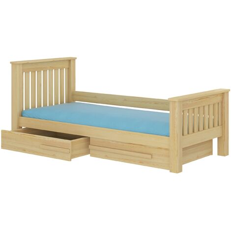 Lit enfant bois pin naturel 90x200 avec 2 tiroirs de rangement Rallye (1/4)
