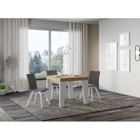 Petite table carrée extensible bois blanc et chêne naturel 90 à 246cm Nako-Support 4 pieds (1/5)