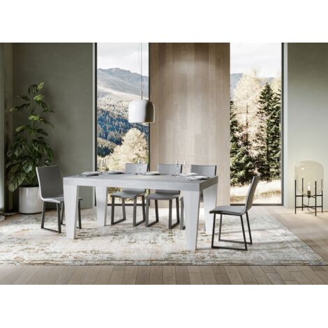 Table extensible gris béton et pieds bois blanc 6 à 12 personnes Kristo L 180 à 284cm 2 pieds-2 pieds (1/5)