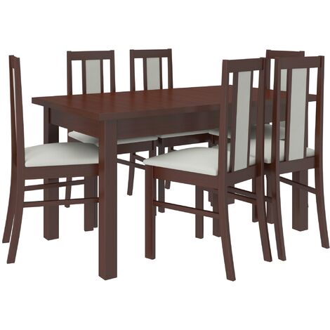 Ensemble table extensible 140-180cm et 6 chaises en bois Noyer foncé et tissu beige clair Louiza (1/5)