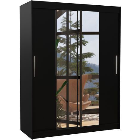 Armoire de chambre 2 portes coulissantes bois noir et miroir Linoa 150cm