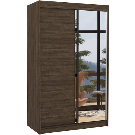 Petite armoire de chambre 2 portes coulissantes 1 bois marron 1 miroir Roxane 120cm (1/5)