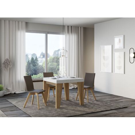 Petite table carrée extensible bois blanc et chêne naturel 90 à 246cm Naxo 2 pieds-2 pieds (1/5)